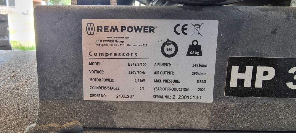 Kомпресор REM POWER E349/8/100 – 100L, 3HP, 8 bar, 230V, 290l/min