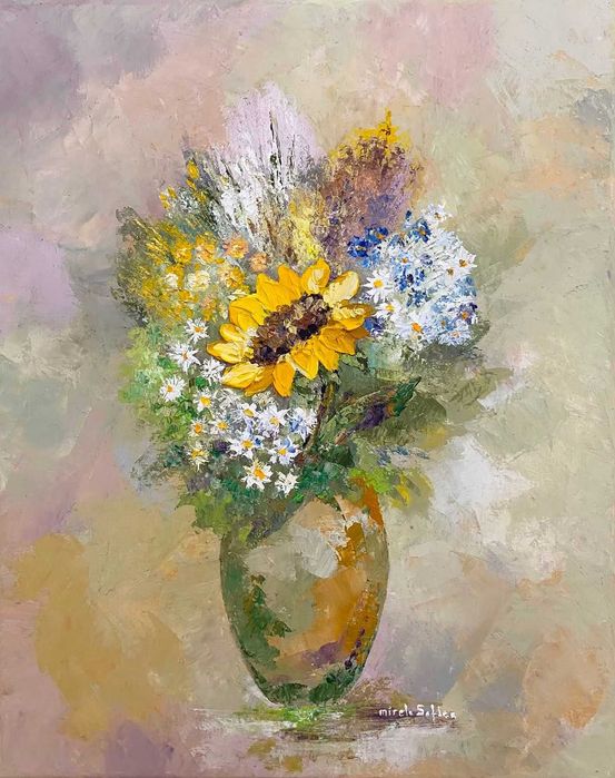 Tablouri cu tema florala pictate manual in ulei pe panza intinsa pe sasiu, 40x50 cm 350 lei, 40x40 300 lei, optional inramate