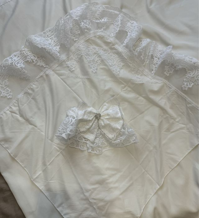 Кружевная пеленка для конверта пледа белая на выписку из роддома