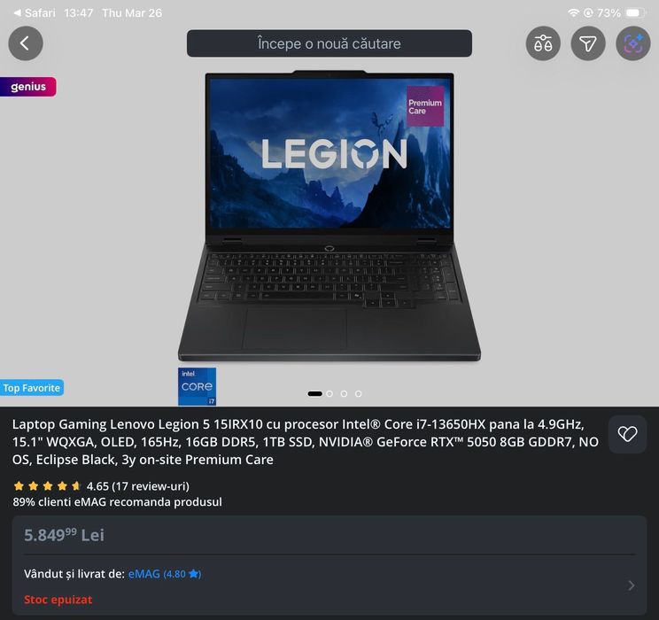 Lenovo Legion 5 Pro Gaming i7 13650HX RTX 5050 8g 140W Garanti 29 luni