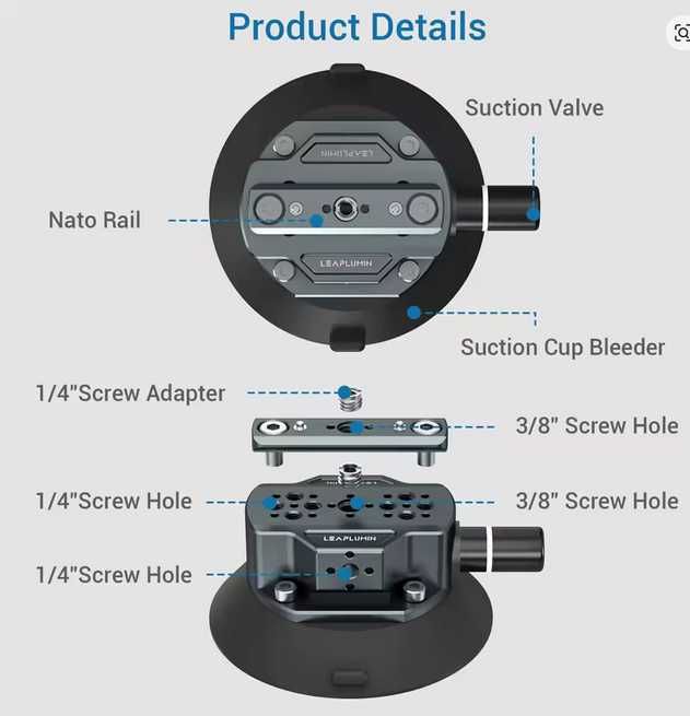 Ventuza suction pneumatica 12cm camera foto video sport vacuum 1/4 3/8