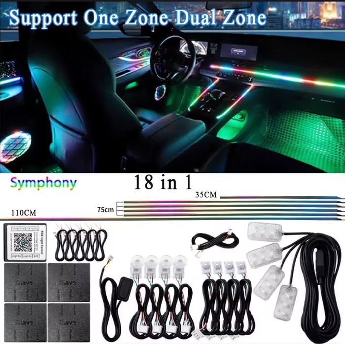 18 в 1 RGB LED Ambient Light за кола – Symphony режим, Dual Zone, APP контрол, пълен комплект
