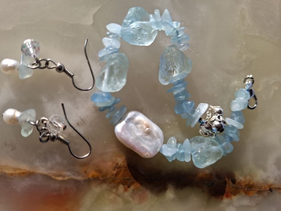 Set brățară acvamarine 21 cm si cercei cu perle