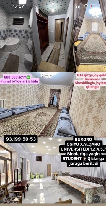 OXU ga yaqin Uchastka Student qizlarga ijaraga beriladi agenstva yo’q