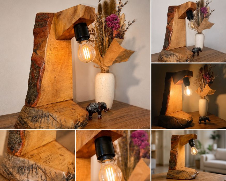 Lampă rustică handmade din lemn masiv – piesă unicat