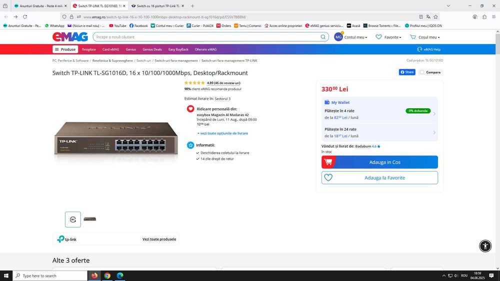 Switch 16 porturi TP-Link Gigabit - 1000Mbps , 8000 MAC, 32 Gbps