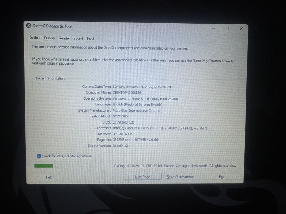 Laptop Gaming MSI GV72 8RD 17” i7 gen 8 / GTX 1050Ti / SSD