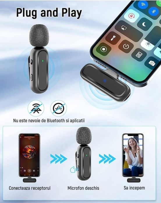 Set 2 microfoane tip lavaliera wireless pentru iPhone, 3 moduri limita