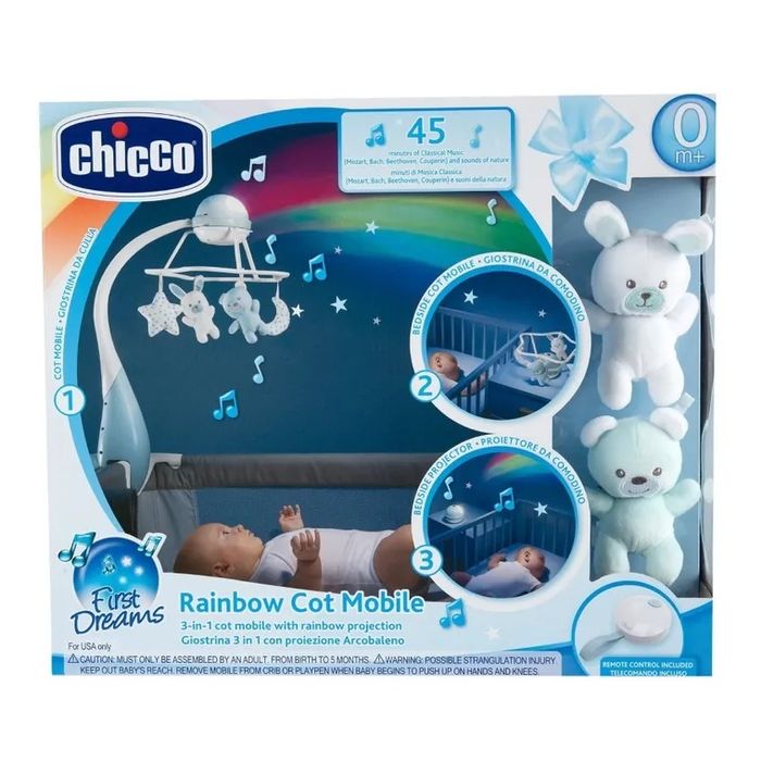 Chicco, First Dreams, Rainbow, Carusel pentru patut 3in1, albastru