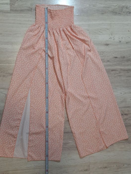 Pantaloni largi roz pudrat cu buline albe talie elastică lejeri M/L