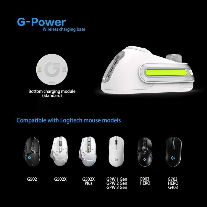 Зарядна станция G-Power за безжична мишка Logitech G502 G502X Plus GPW G903 G703 с RGB осветление