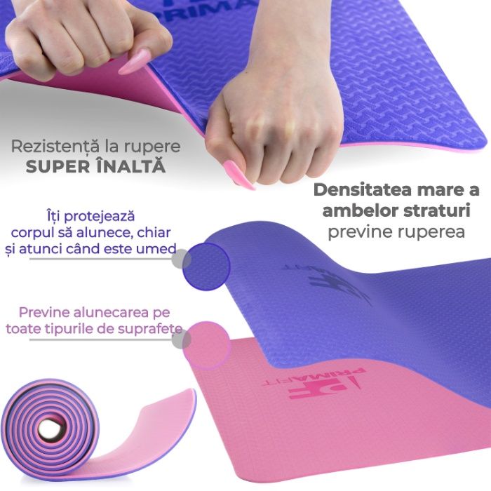 Saltea Ecologic Pentru Yoga Prima Fit, Fitness Si Exercitii Fizice,  Pilates, Gimnastica Si Aerobic, 183cm x 61cm x 0,6cm, Husa De Transport,  Yoga Mat, Densitate Mare, Suprafata Antiderapanta, Antibacteriene,  Hipoalergenice, Galben 