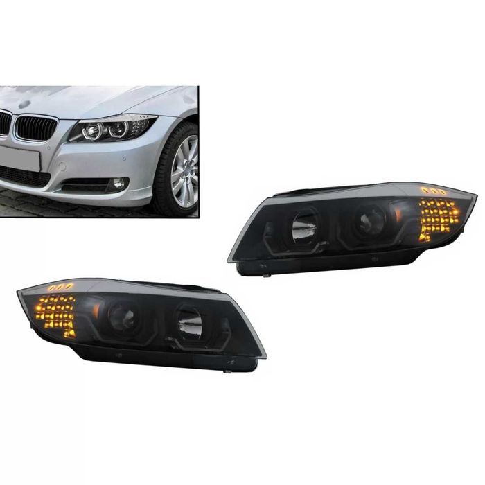Faruri BMW Seria 3 Limousine E90 Touring E91 (03.2005-08.2008) 3D LED Angel Eyes  Negru
