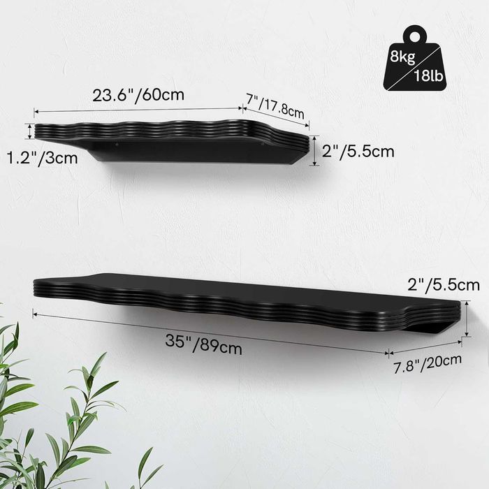 Raft perete suspendat negru 60 cm 90 cm decor ondulat raft lung pentru carti plante baie living