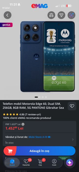 Motorola Edge 60 5G 256GB 8GB RAM Pantone Gibraltar Sea NOU /  Garantie