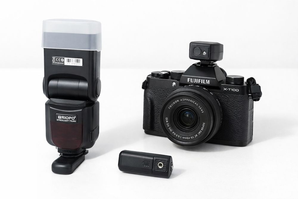 Fujifilm X-T100 + объектив + вспышка + синхронизаторы — полный комп