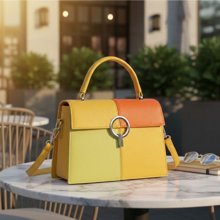 Многоцветна дамска чанта с метална тока и дълга дръжка