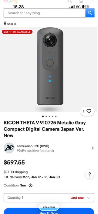 Ricoh Theta V 4K Spherical 360 Degrees VR Camera