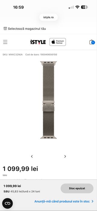 Curea Apple Watch Ultra Natural Titanium Milanesse Loop - NOU
