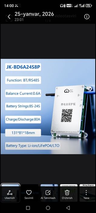 Lifepo4 akamulator 32140 madel 15 ah va jk 80A bmslar