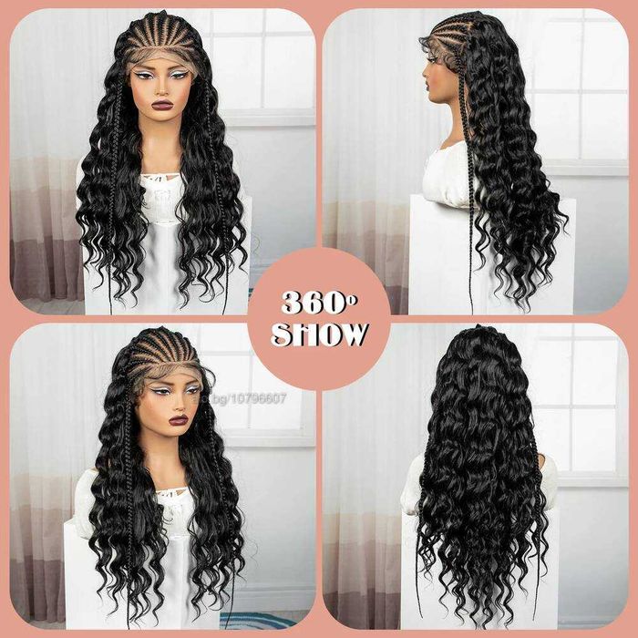 Екзотична черна синтетична перука с пълзящи плитки  - Lace Front 13x6