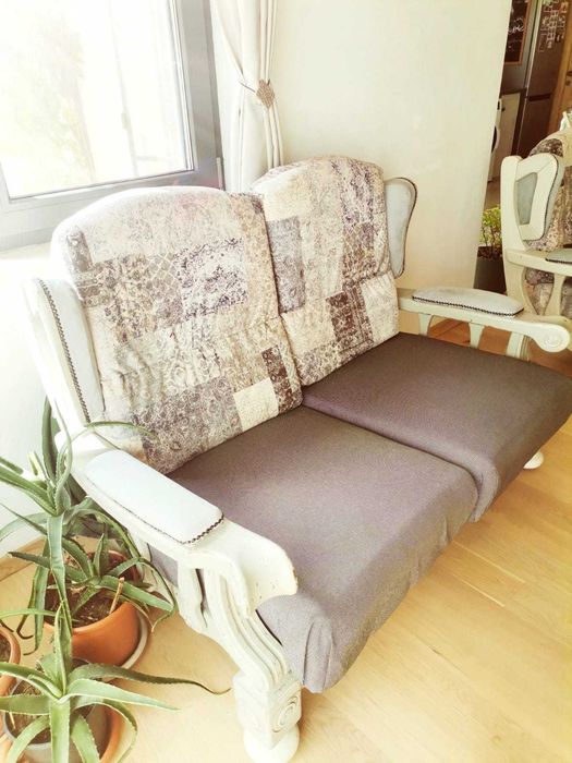 De vanzare set canapea si fotoliu, lemn masiv - reconditionate manual!