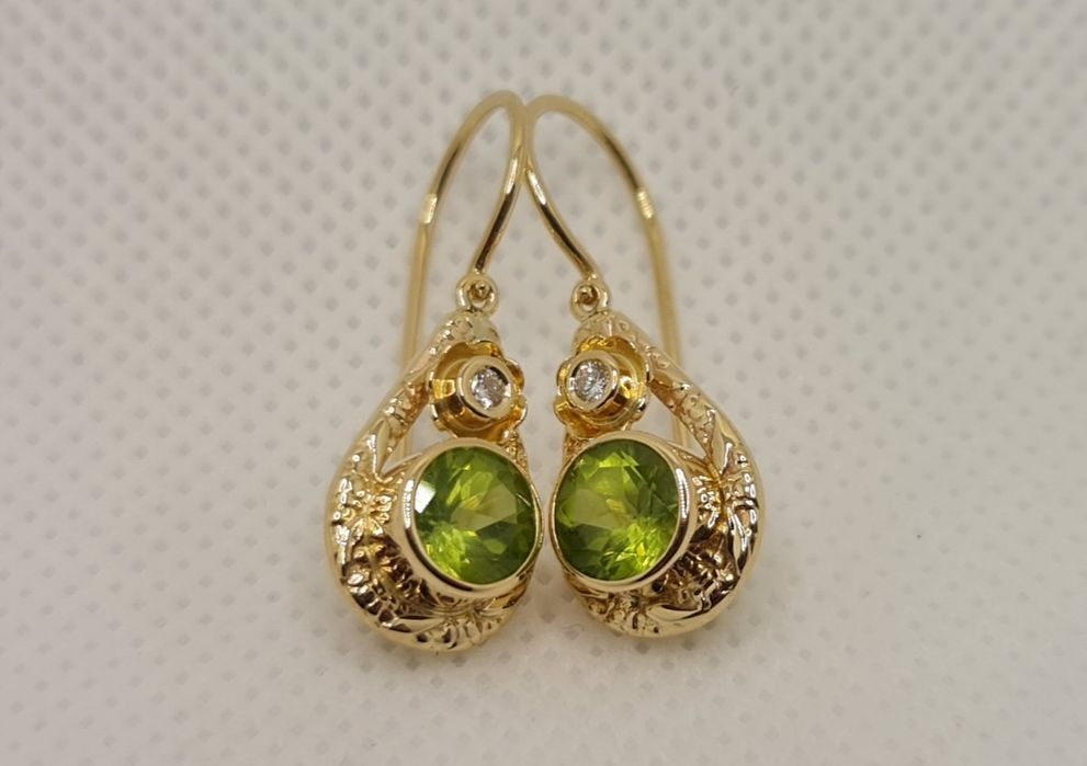 Cercei aur 14k cu diamante și peridot natural