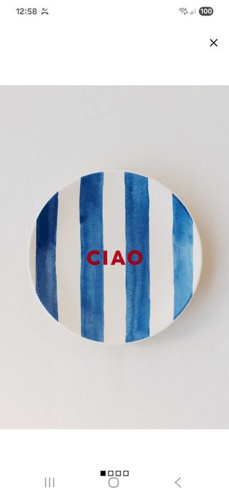 Farfurie ceramică, dungi albastre și albe, inscriptie CIAO. Diam. 21 cm, h: 2 cm