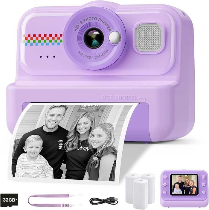 детски фотоапарат за моментален печат HiMont 1080P HD (3 ролки хартия + 32GB карта) Бял или лилаво