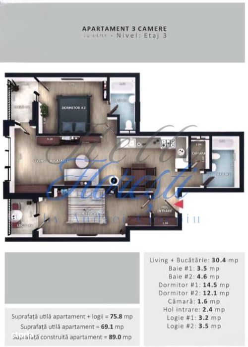 Apartament 3 camere, 69,1 mp | Zona Vivo | Floresti |