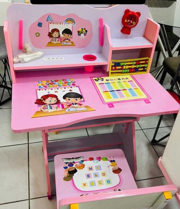 Детски комплект бюро със столче и аксесоари, метал и MDF