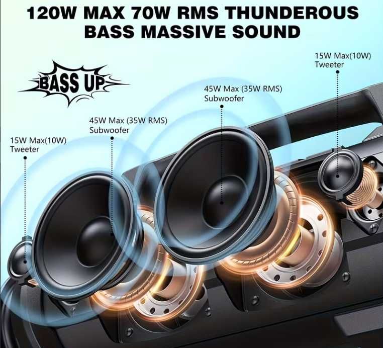 W-KING Super Bass 120W Пикова мощност 70W 40 часа на възпроизвеждане 15600mah IPX6 водоустойчивa