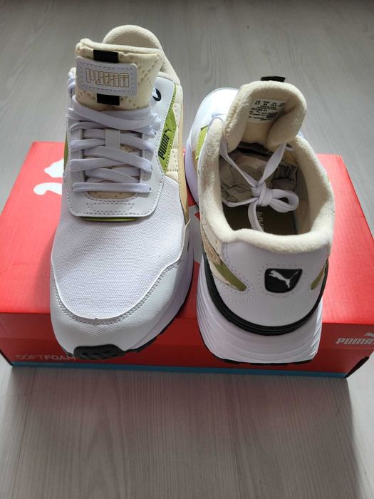 Puma, Pantofi sport low-cut, Alb cu Galben si Kaki, Nr. 44, Nou