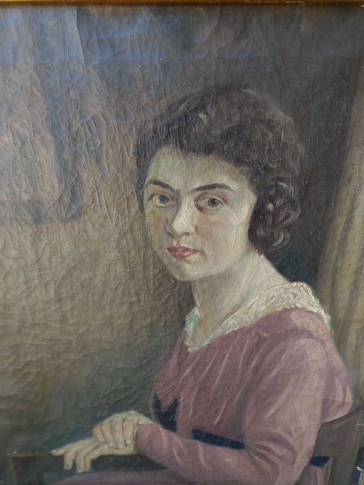 Старинна немска картина „Дамски портрет“ – масло на платно с масивна рамка (около 1920 г.)