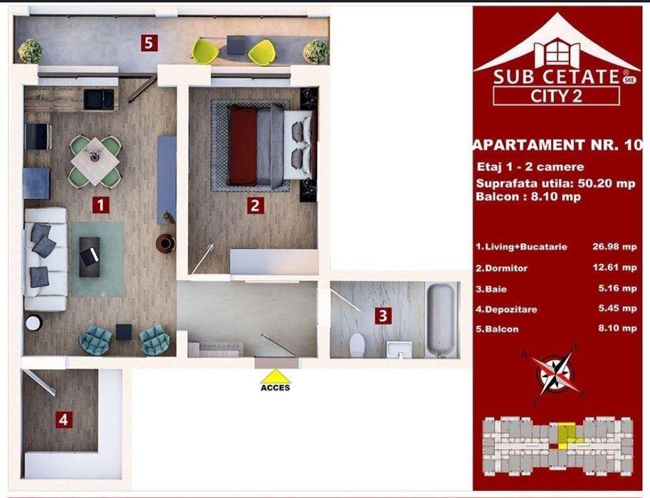 Apartament  2 camere NOU + MOBILAT COMPLET | 50,2 mp + balcon 8,1 mp | PARCARE | Sub Cetate City 2