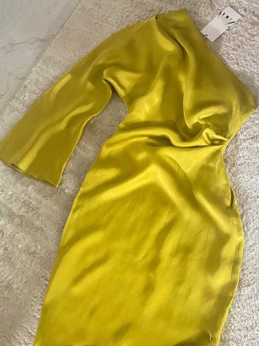 Zara rochie eleganta in/vascoza satinat one shoulder lime verde fistic