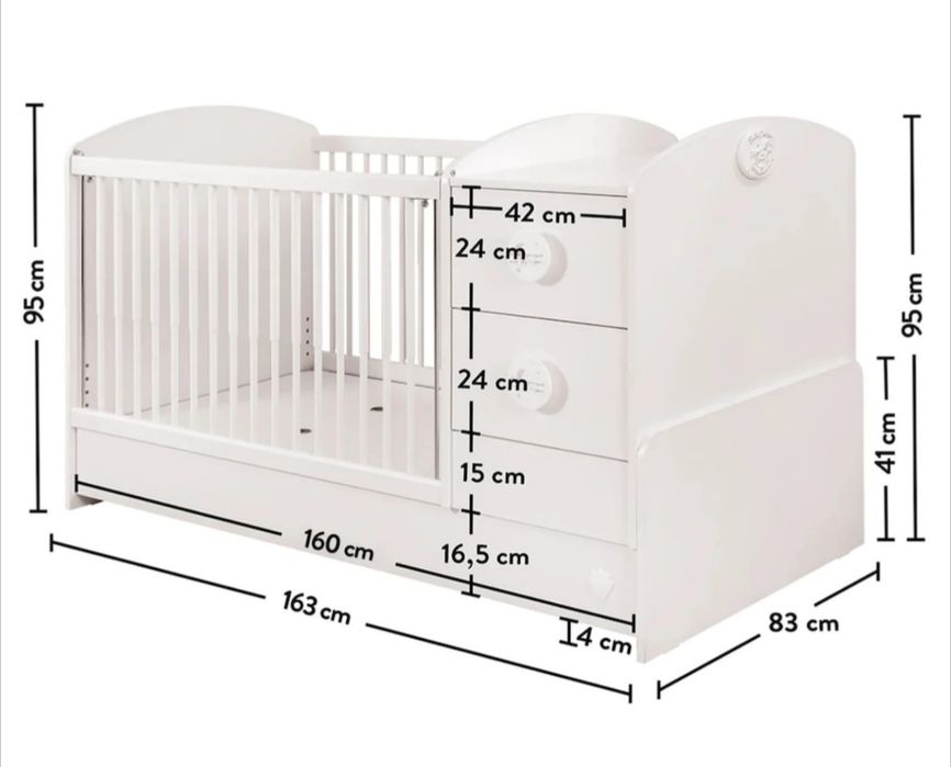 Pat bebe/copii transformabil Baby Cotton White (75x160) + Saltea și accesorii