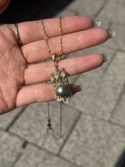 Colier cu perlă neagră Tahitiană, pandantiv vintage + Argint 925