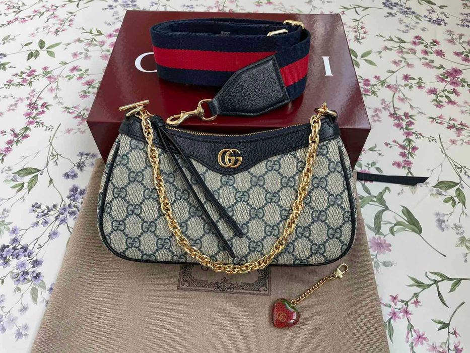 Оригинална Чанта Gucci Ophidia Синя Кожа Бежов Canvas Гучи Златно Gold GG Лого и Синджир