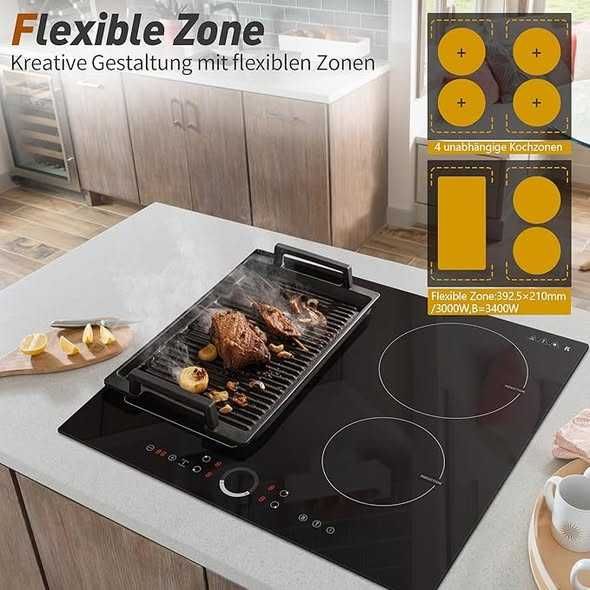 Plită cu inducție Karinear cu 4 plăci cu zone flexibile, Plită cu inducție 7200 W, 60 cm
