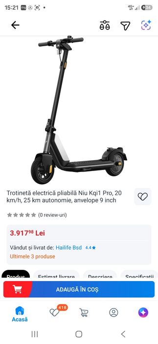 Trotinetă electrică pliabilă Niu Kqi1 Pro, 20 km/h, 25 km autonomie, anvelope 9 inch