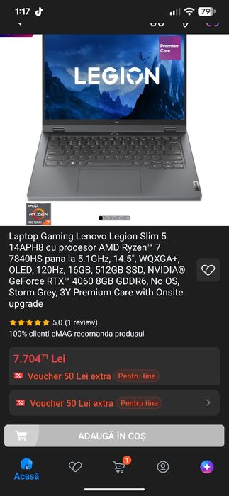 Vând Lenovo Legion Slim 5 14APH8 – 14.5" OLED 120Hz / Ryzen 7 / RTX 4060