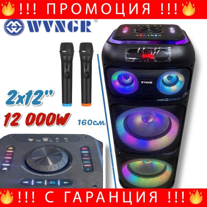 НЕМСКА Тонколона BLUETOOTH 12000W WGT-1222 2x12" инча + ЛЕД ФЕНЕР