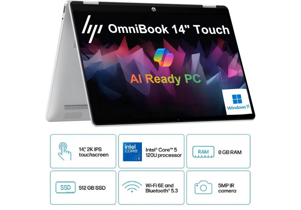 HP OMNIBOOK 5 FLIP 14 core 5 120U 8/512 SSD  14 2k ips TOUCHSCREEN