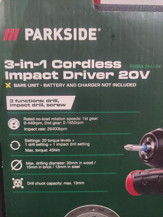 Bormasina cu percutie 3 in 1 Parkside pe acumulator de 20 V