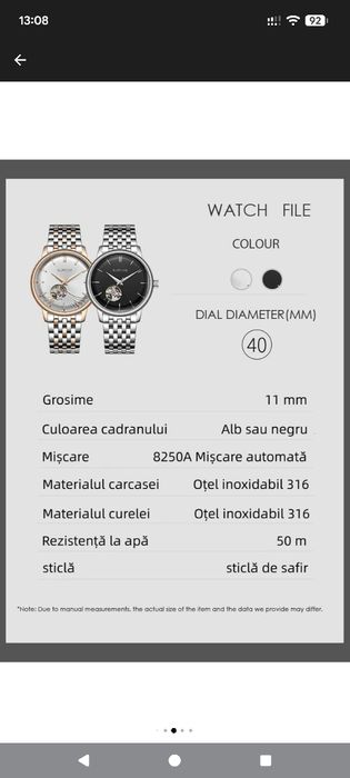 Ceas automatic cu cristal safir nou