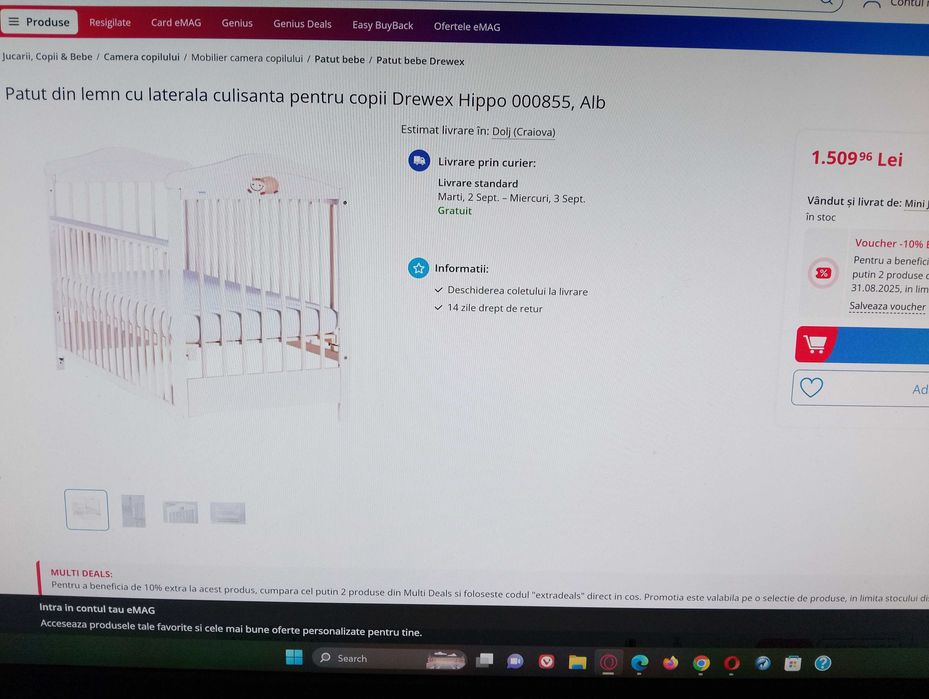 Pătuț bebe, din lemn cu laterala culisanta, Drewex Hippo, Alb