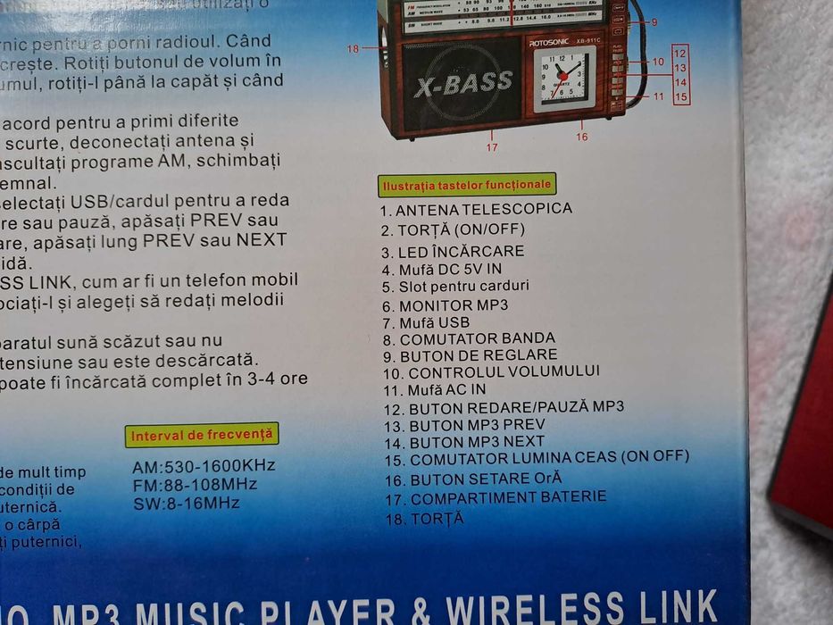 Radio Rotosonic, 3 benzi, lanterna,ceas, USB,MP3, Wireless, acumulator