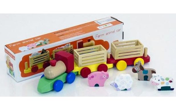 Голям дървен влак ФЕРМА с животни и ремаркета / камион с животни