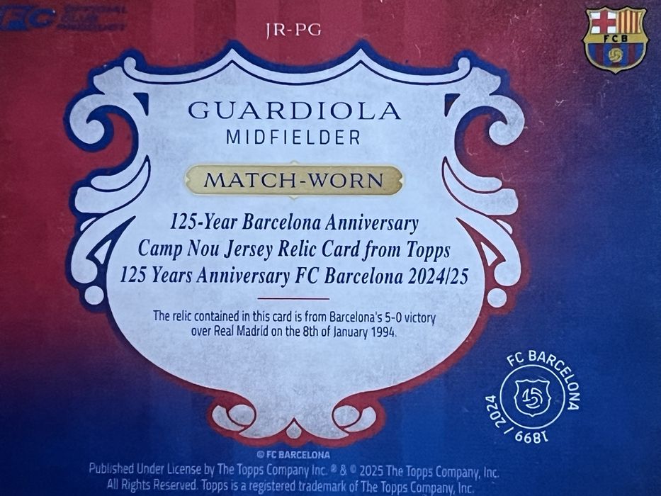 Topps FC Barcelona 125th Anniversary - Guardiola Relic Jersey 1/1